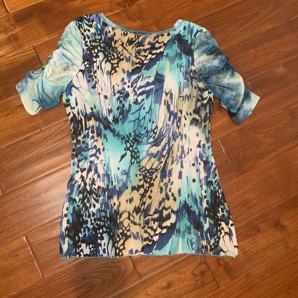 ALBERTO MAKALI Blue Art-to-Wear Mixed Media s/s Top Size L Sequin Crinkle - Picture 8 of 13